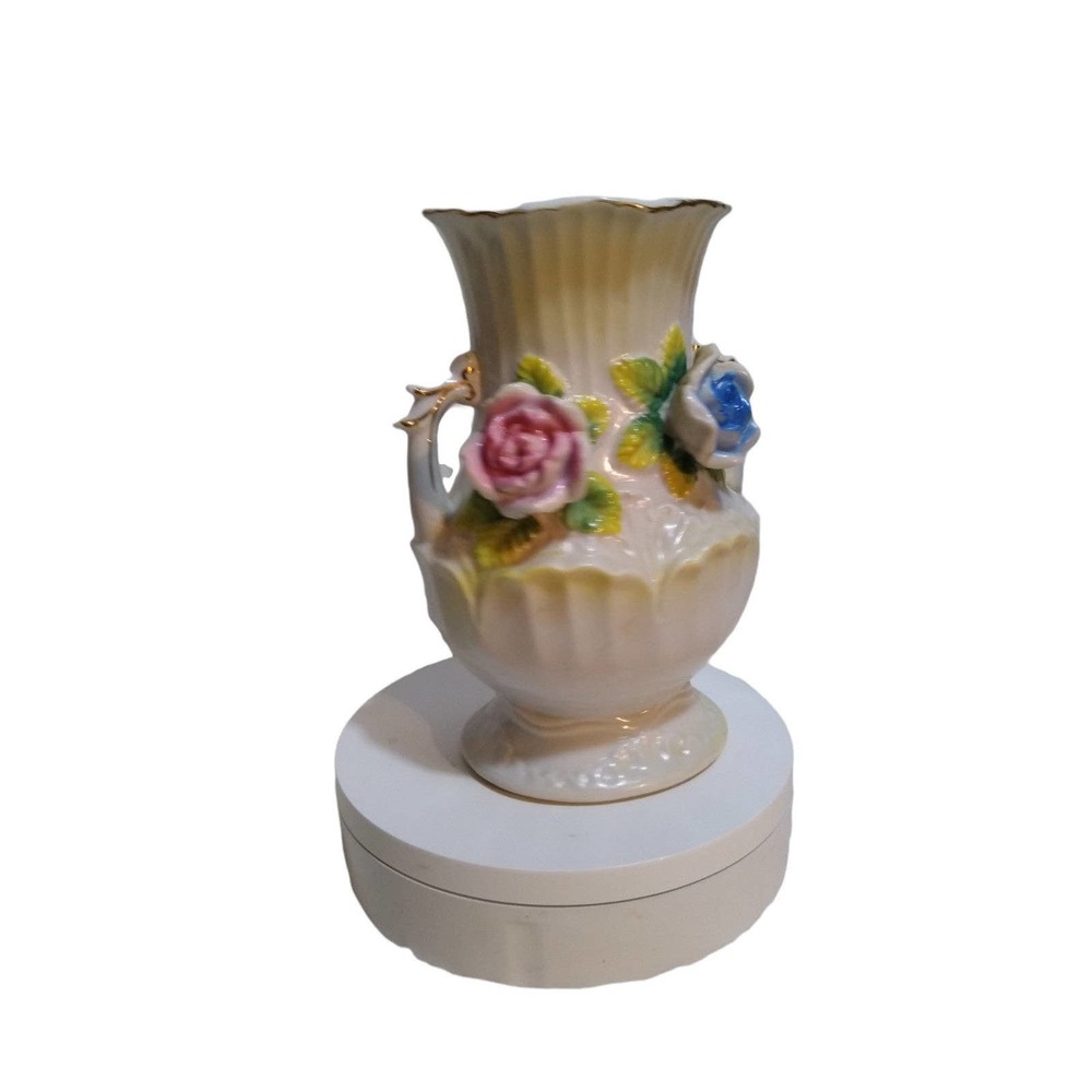 Vintage Japan floral two side handle flower vase gold trim